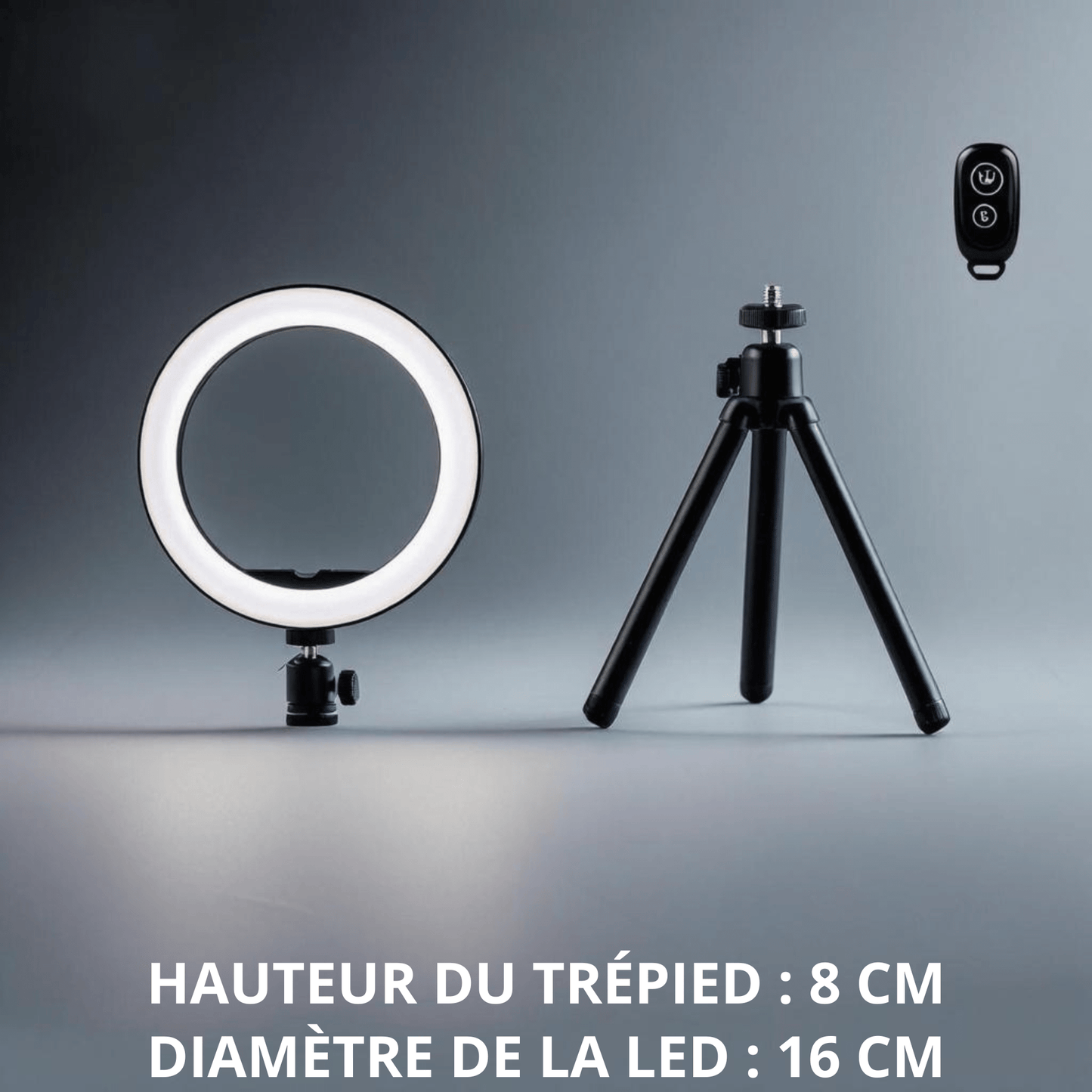 Petit trépied de table pour Anneau Lumineux LED, Dimensions : 8 cm de hauteur et 16 cm de diamètre