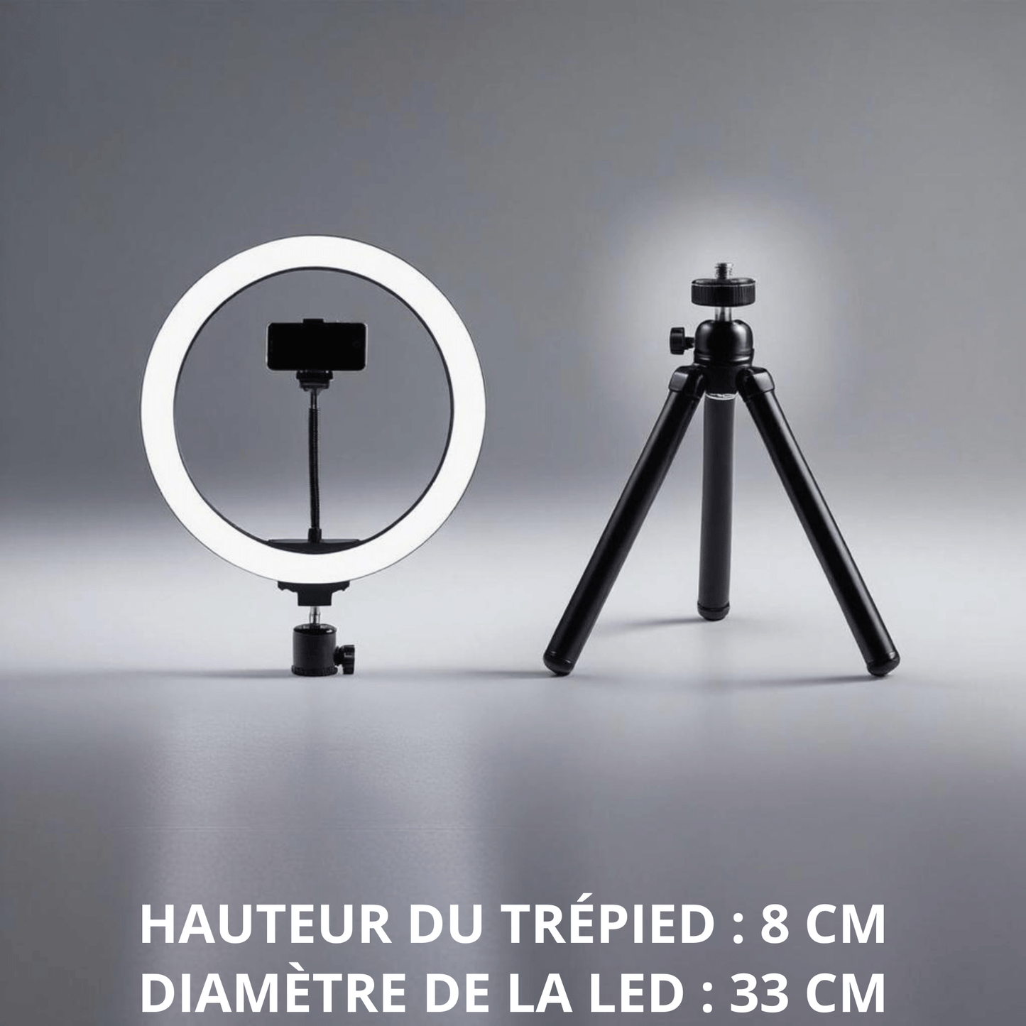 Anneau Lumineux LED avec trépied de table montrant le grand diamètre de 33 cm, idéal pour un éclairage de studio.