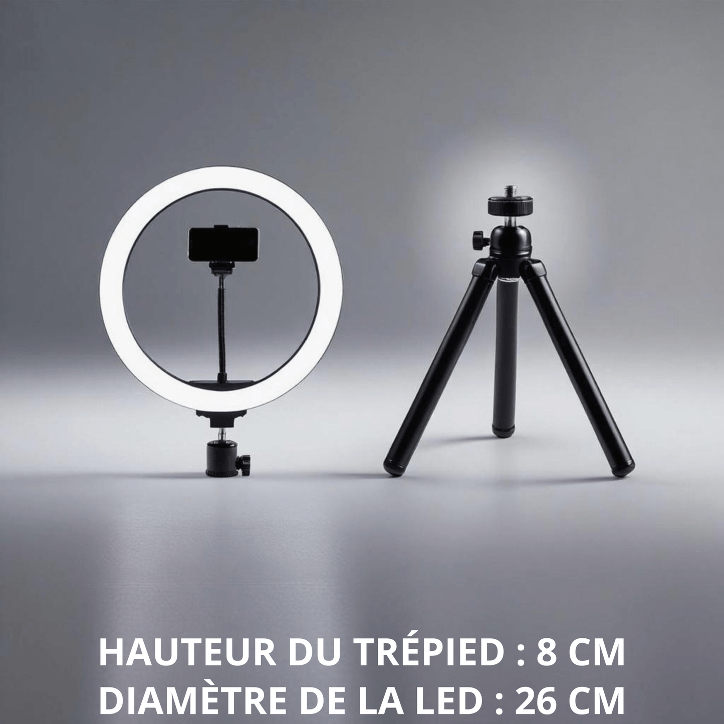Anneau Lumineux LED avec trépied de table montrant le diamètre de 26 cm, idéal pour le Setup de bureau