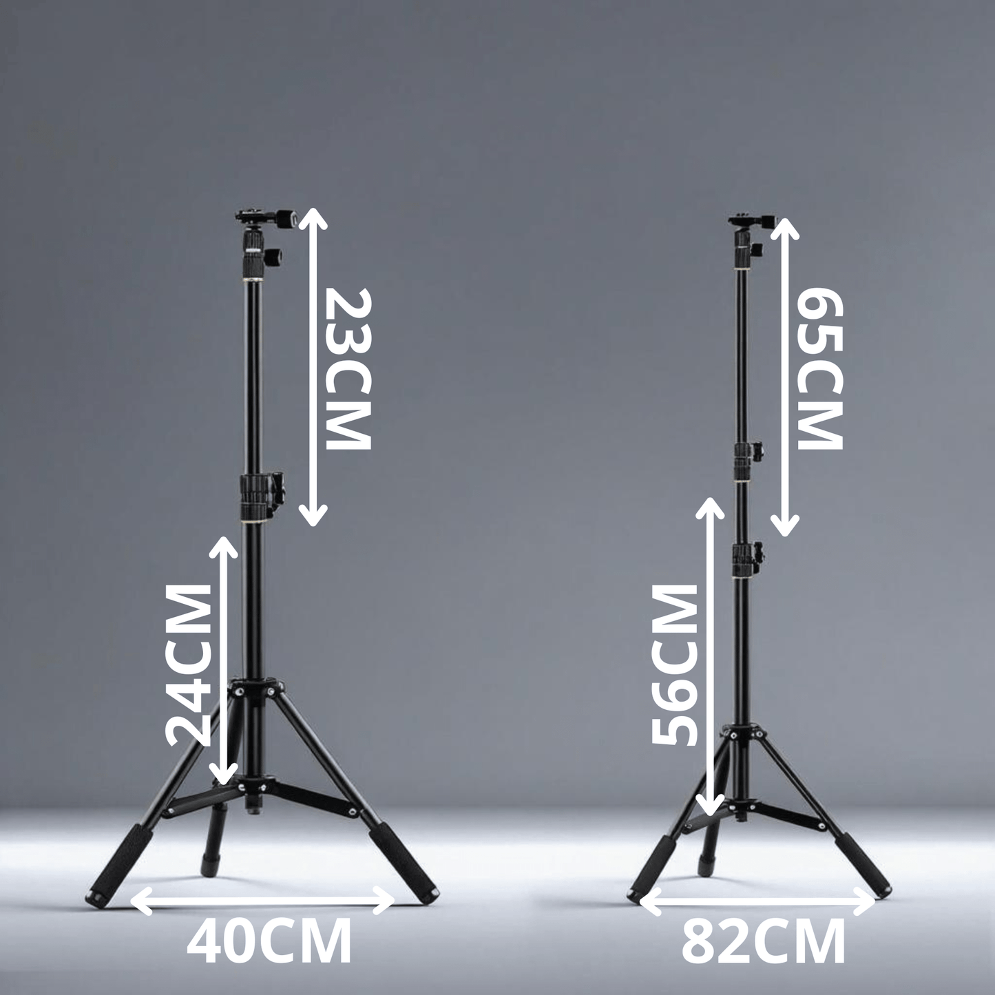 Anneau Lumineux LED sur Trépied montrant les dimensions réglables du support (hauteur maximale 65cm)