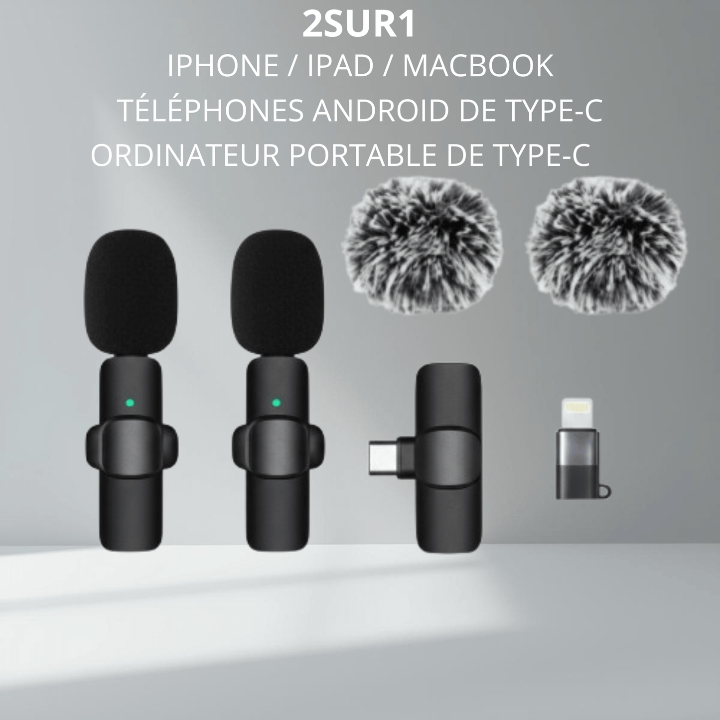 Kit complet de deux microphones cravates sans fil pour iPhone, Android et Mac/PC, idéal pour la création de contenu