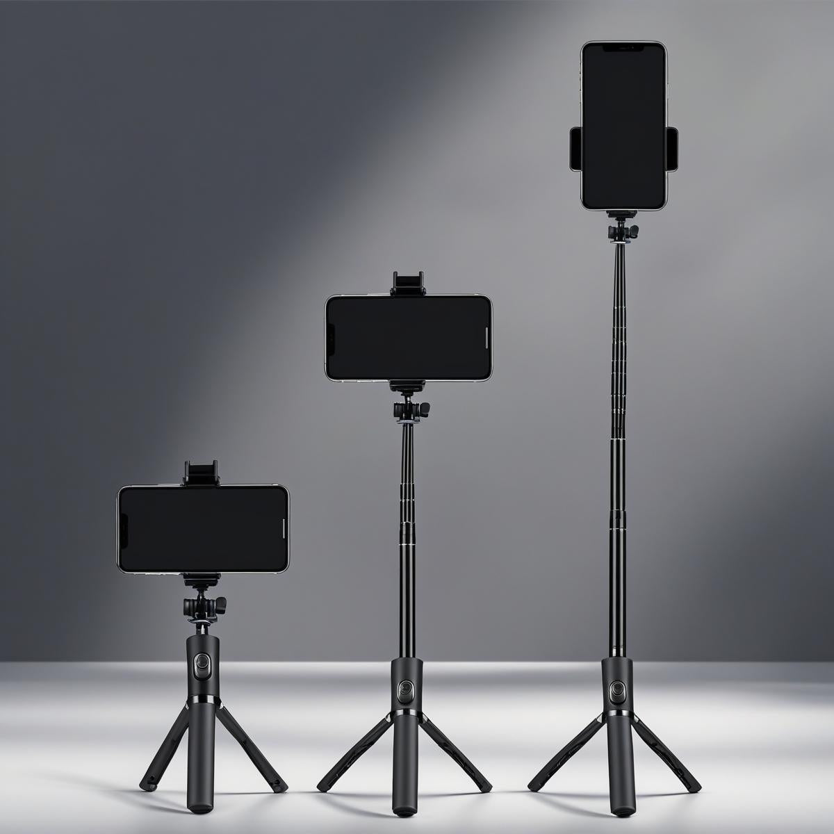Trépied de téléphone extensible de StudioKIT, montrant la hauteur minimale et maximale