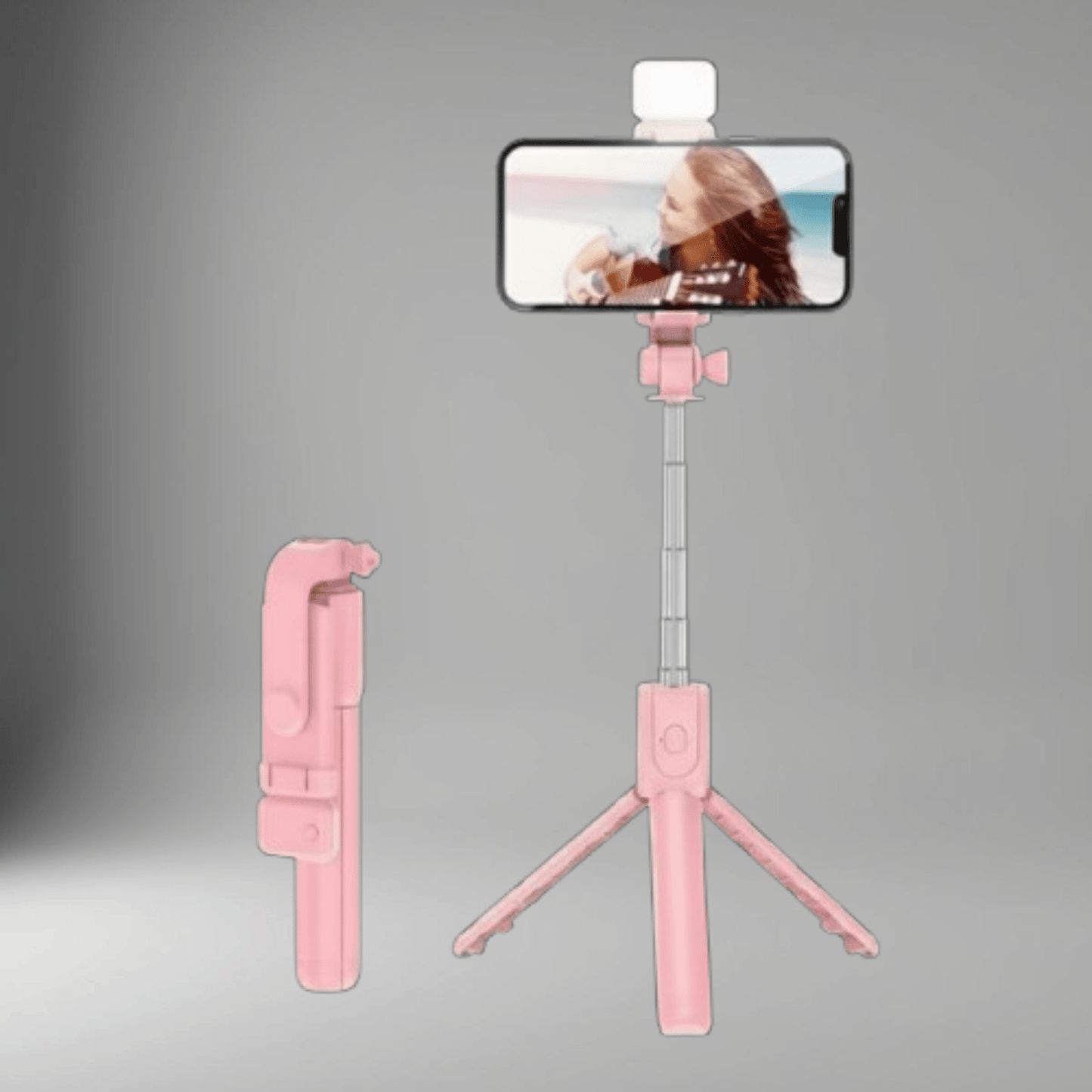 Trépied Perche Selfie Bluetooth rose pour téléphone avec lampe LED intégrée pour vlogging